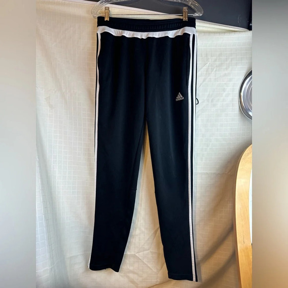 adidas Pants - Adidas Women's Medium 3 Stripe Track Slim Soccer Pants - Black White Slit Ankle